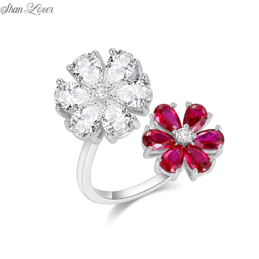 ShanLover Brand Luxury S925 Real 925 Sterling Silver Ring For Women Adjustable Opened Design Fashion Red Gemstones Rings Jewelry