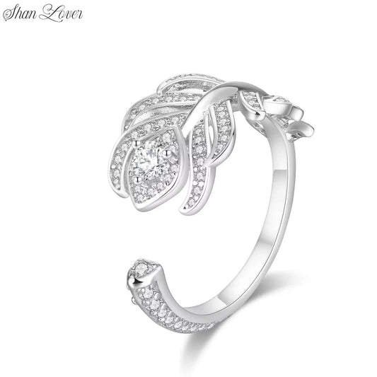 ShanLover Brand S925 Real 925 Silver Full Diamond Feather Ring Opening Design Pure Sterling Silver Rings For Woman Man Jewelry