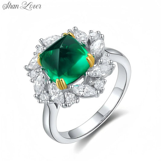 ShanLover Brand MGI Top Grade 2.5ct Lab Grown Green Emerald Gemstone Ring Women Real 925 Sterling Silver Wedding Rings Jewelry