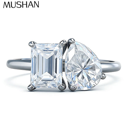 MUSHAN Luxury Jewelry 2.25ct Moissanite diamond ring S925 silver inlaid with water drops spelling rectangular irregular ring