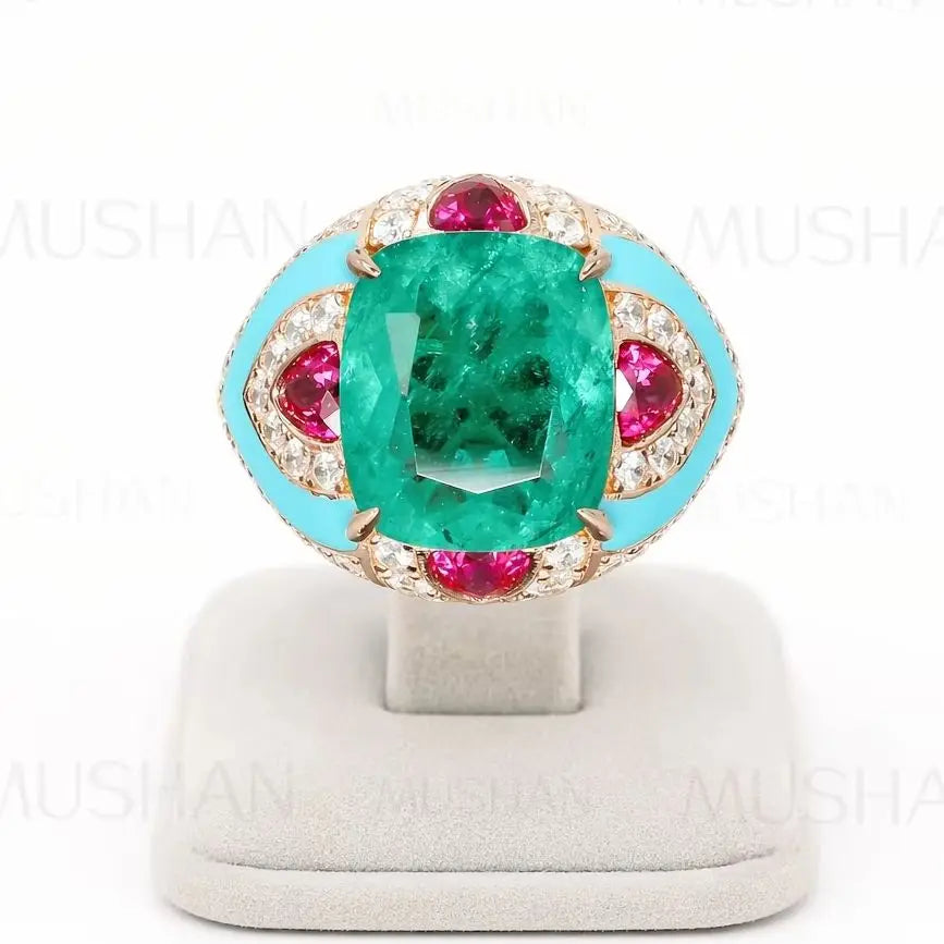 MuShan Jewelry 925 Sterling Silver Ring 9.5ct 11.5g Lab Grown Ruby Emerald Gemstones Rings Band S925 Pure Silver Luxury Jewelry
