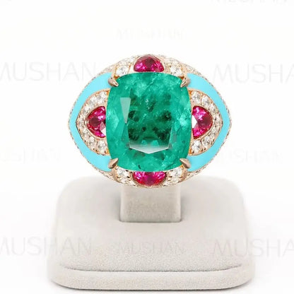 MuShan Jewelry 925 Sterling Silver Ring 9.5ct 11.5g Lab Grown Ruby Emerald Gemstones Rings Band S925 Pure Silver Luxury Jewelry