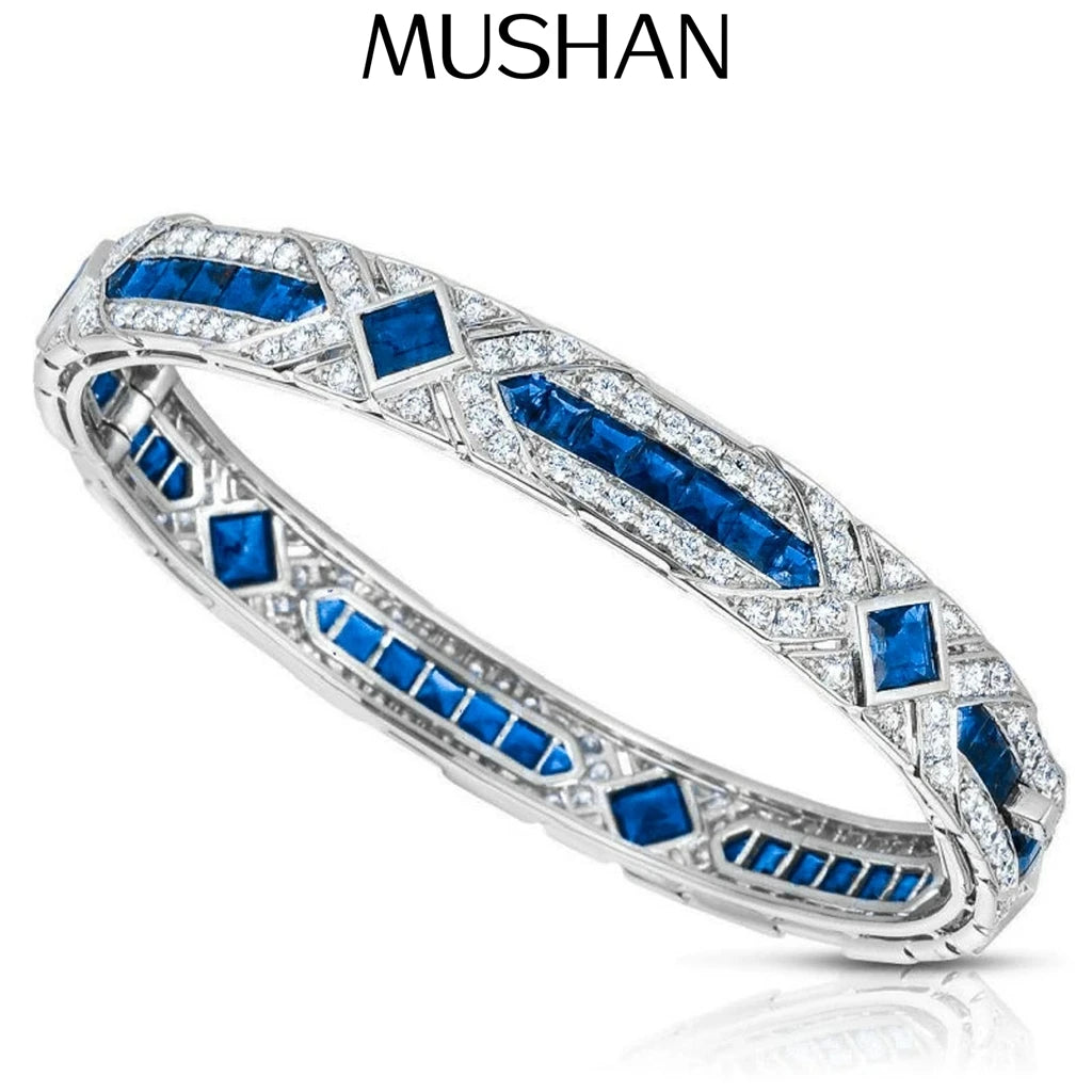MuShan Jewelry 925 Sterling Silver Bangle Bracelet For Women Blue Gemstones High Carbon Diamond s925 Silver Bangles Fine Jewelry