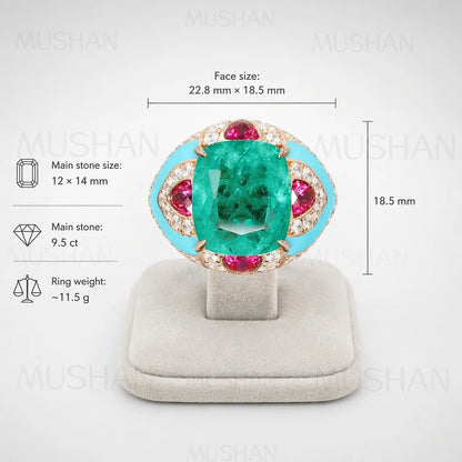 MuShan Jewelry 925 Sterling Silver Ring 9.5ct 11.5g Lab Grown Ruby Emerald Gemstones Rings Band S925 Pure Silver Luxury Jewelry