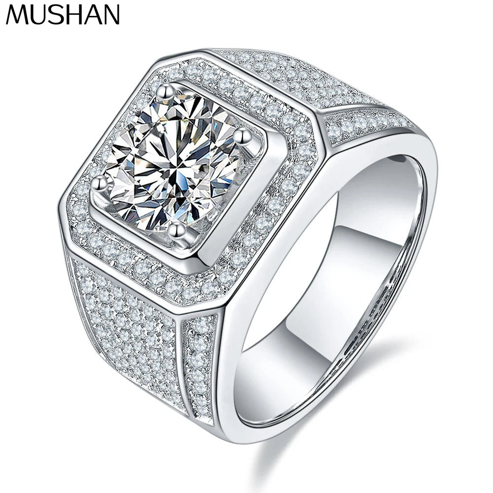 MuShan Brand Jewelry 925 Sterling Silver Ring Round Moissanite Office Ring for Bride 18K Real Gold Plated MST Patent Jewellery