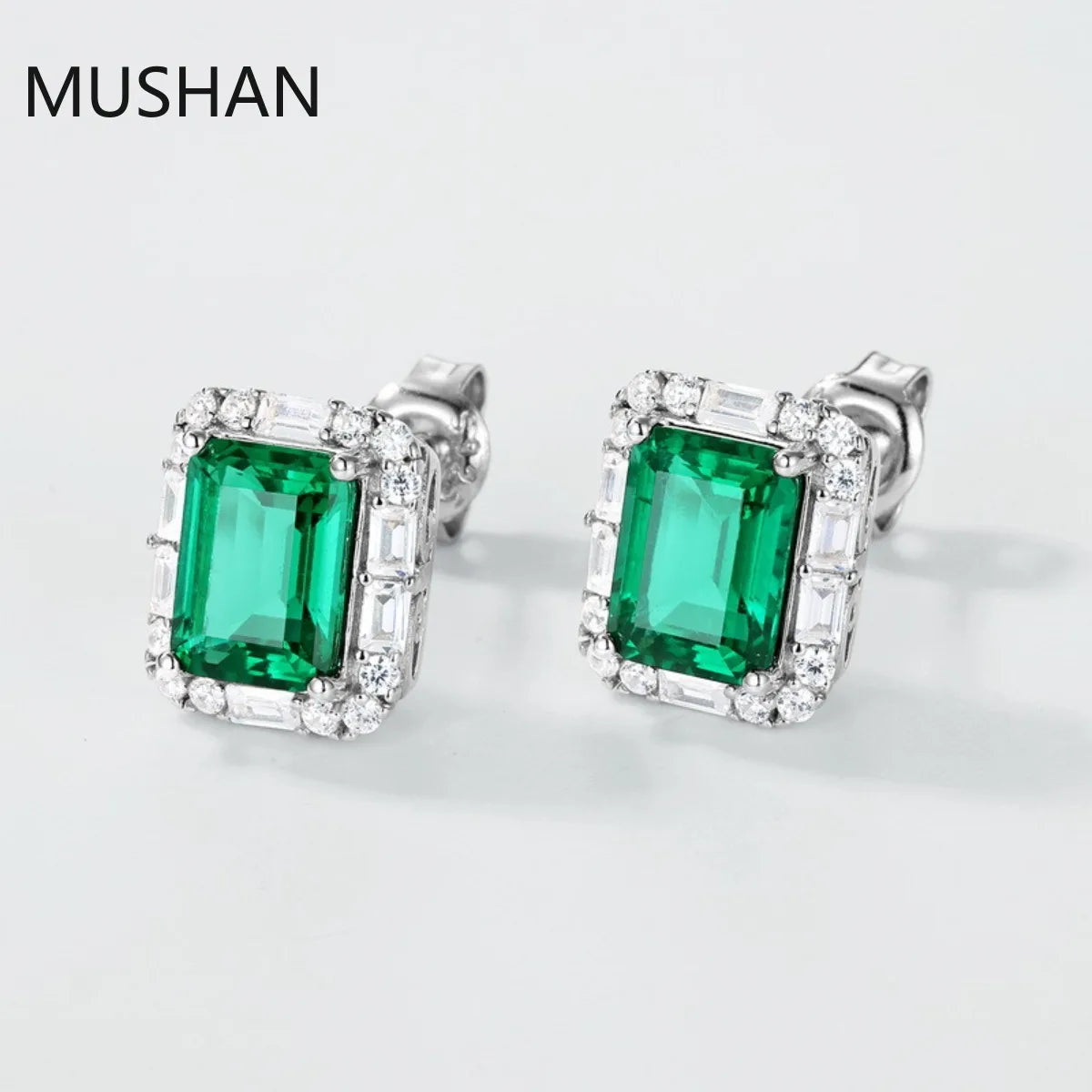 MUSHAN Luxury Jewelry S 925 Sterling Silver Stud Earrings Women GRC Certificated Lab Grown Emerald Earrings Stud Ear Pin Jewelry