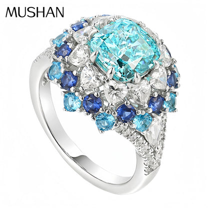 MuShan Jewelry 925 Sterling Silver Ring Band For Women High Carbon Paraiba Gemstones S925 Silver Rings Accessories Fine Jewelry