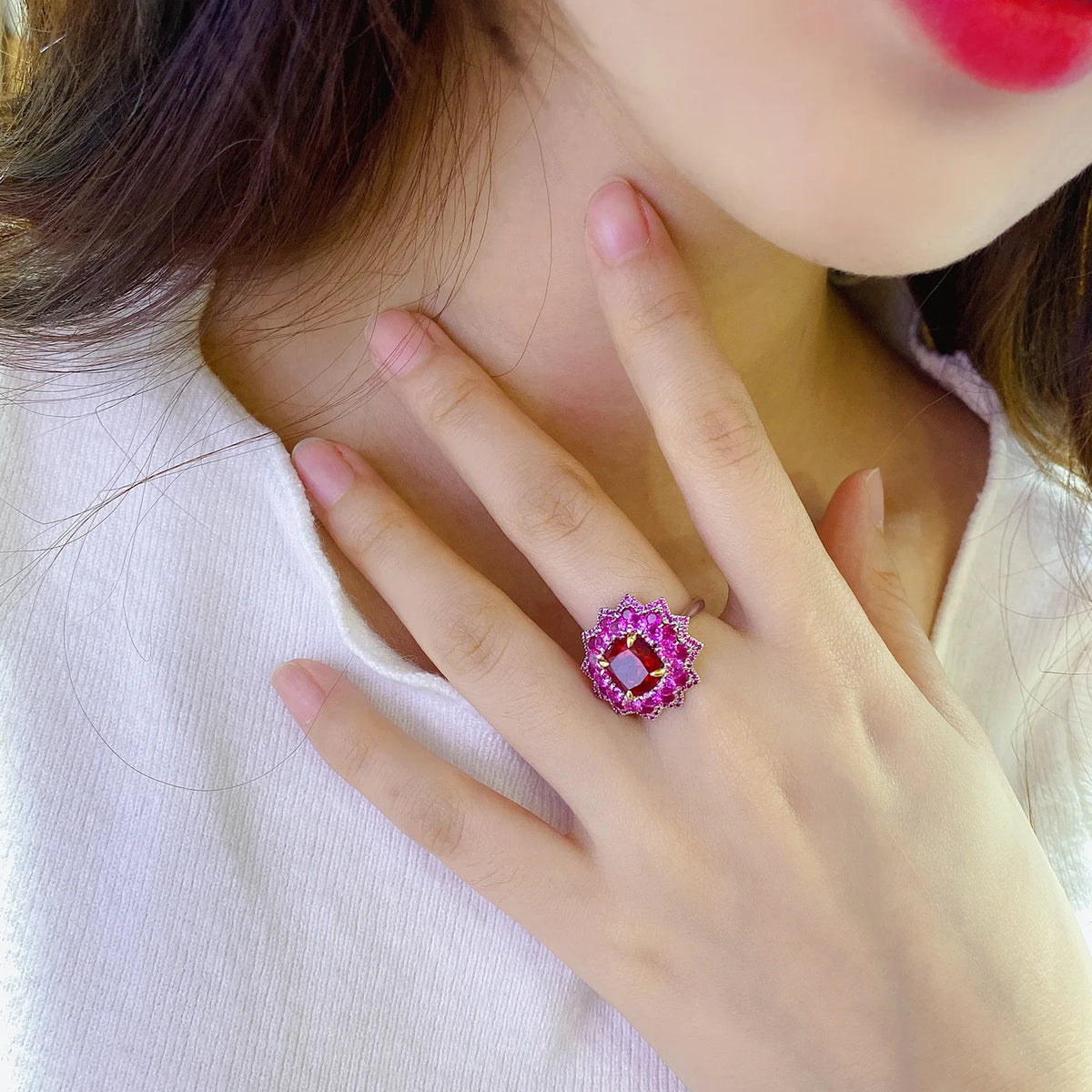 MUSHAN Custom Jewelry 925 Sterling Silver Ring Lab Grown Ruby Cushion Luxury Ring for Women 18K Gold Plated Anniversary Rings
