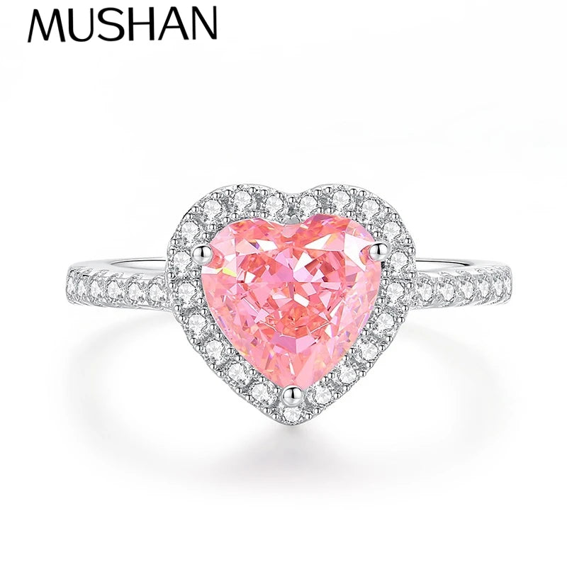 MUSHAN Luxury Jewelry S925 Sterling Silver Heart-Shaped Pink Zircon Heart Ring For Women'S Pappalacha High Carbon Diamond
