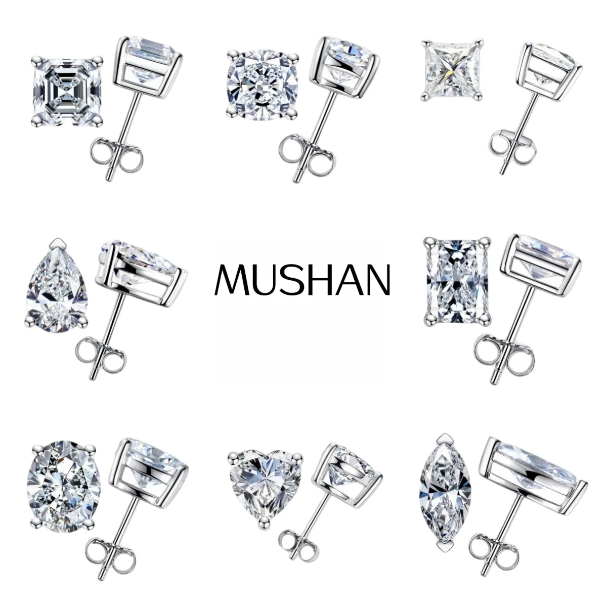 MUSHAN Brand Jewelry 925 Sterling Silver Stud Earrings For Women Moissanite Diamond GRA 1ct 2ct 3ct Ear Pin Earring Stud Jewelry