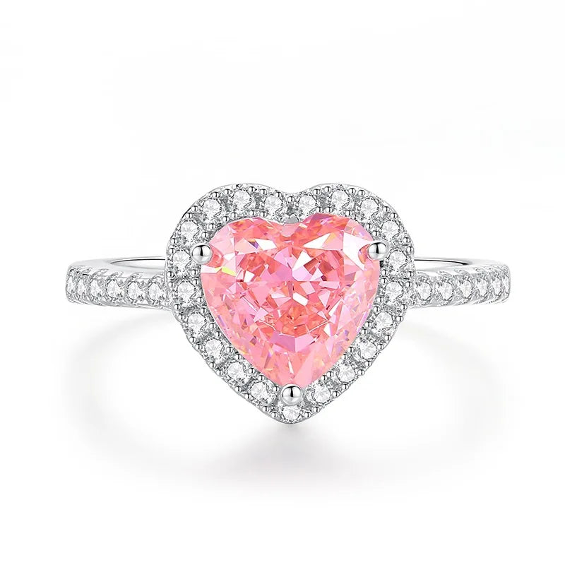 MUSHAN Luxury Jewelry S925 Sterling Silver Heart-Shaped Pink Zircon Heart Ring For Women'S Pappalacha High Carbon Diamond