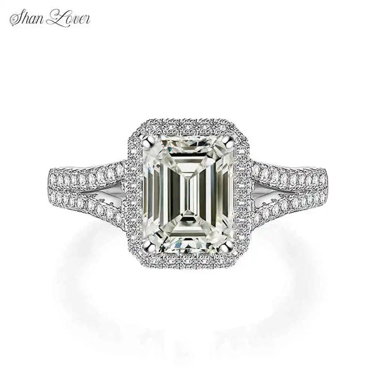 ShanLover Brand Emerald Cut Process 6*8 Rectangular Moissanite Ring for Women 925 Silver Full diamond Gemstones Rings Jewelry