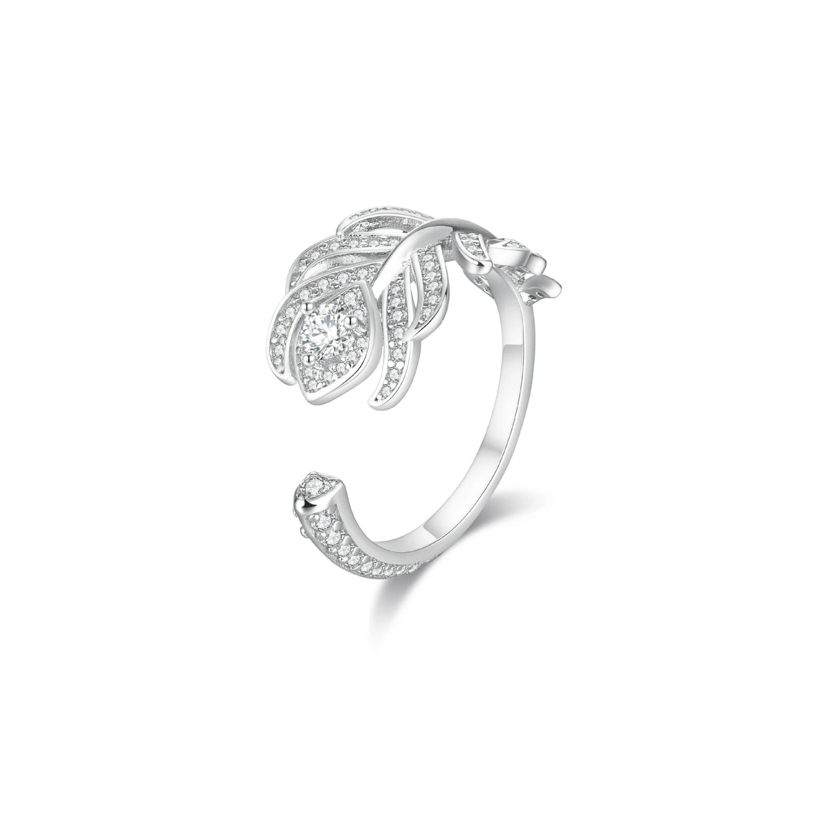 ShanLover Brand S925 Real 925 Silver Full Diamond Feather Ring Opening Design Pure Sterling Silver Rings For Woman Man Jewelry