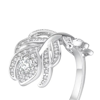 ShanLover Brand S925 Real 925 Silver Full Diamond Feather Ring Opening Design Pure Sterling Silver Rings For Woman Man Jewelry