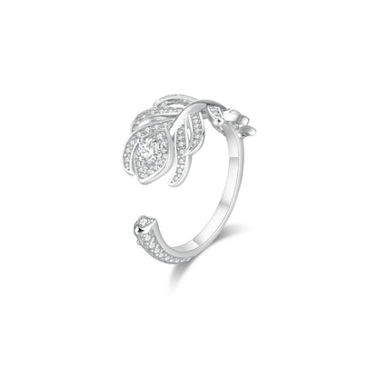 ShanLover Brand S925 Real 925 Silver Full Diamond Feather Ring Opening Design Pure Sterling Silver Rings For Woman Man Jewelry